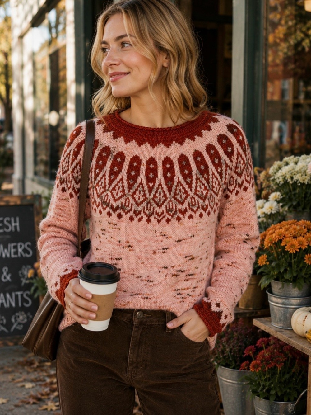 Hand Knit Pink Rust Fair Isle Nordic Speckled Sweater